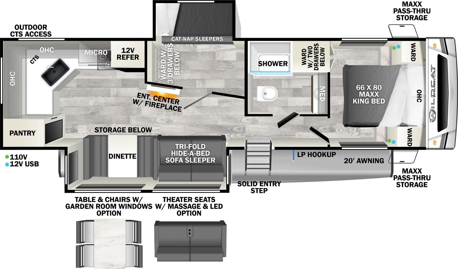 The Wildcat Travel Trailers 304MBX - ONE floorplan has one entry and two slide outs. Exterior features include: fiberglass exterior and 20' awning. Interiors features include: bunk beds, rear kitchen, free-standing dinette option and front bedroom.